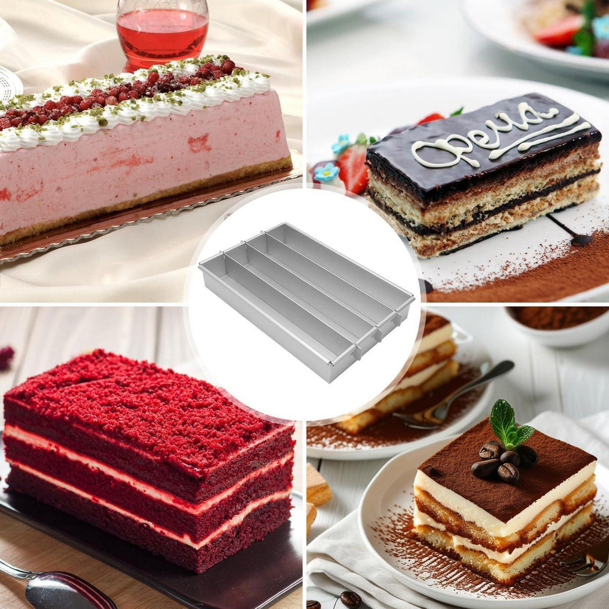 Rechteckige Tiramisu-Form aus Aluminium | 4 Fächer Kuchenrahmen