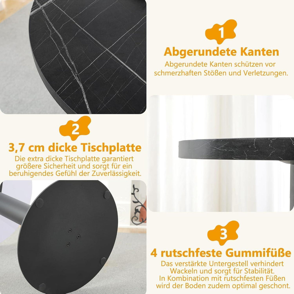 Runder Esstisch 60cm Schwarz – Küchentisch mit Marmoroptik