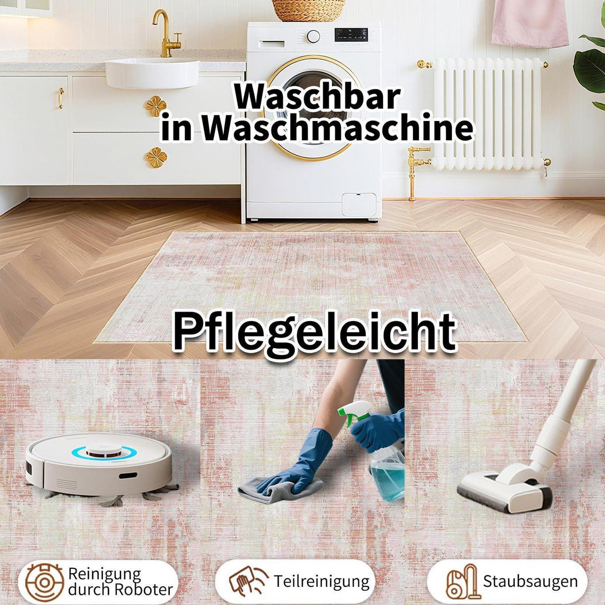 Vintage Altrosa Teppich 200x300cm – Weicher Kurzflor & Abstrakt