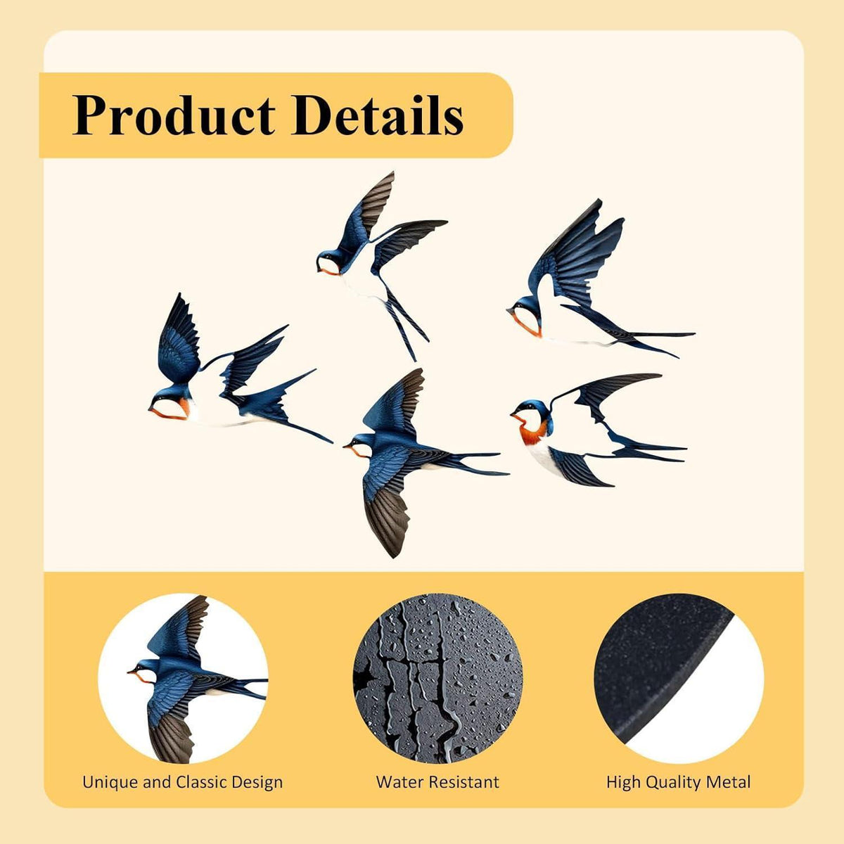Metall Vogel Wanddeko 5er Set Vintage Schwarz für Außen & Innen
