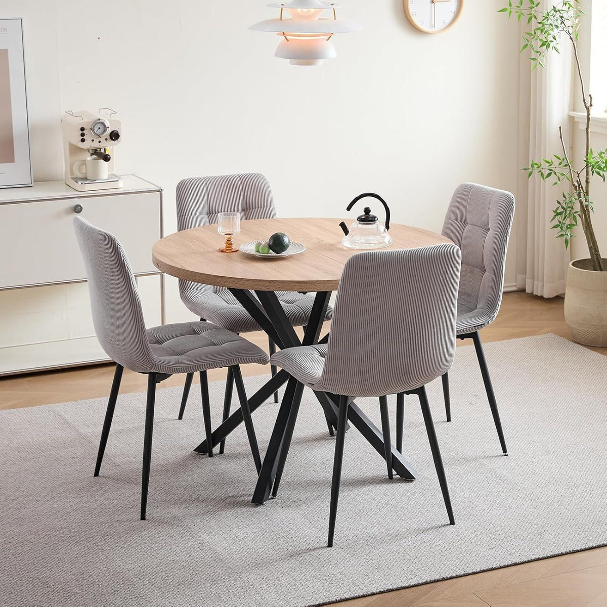 8er-Set Esszimmerstühle Nordisch, Hellgrau | Bequeme Cord-Stühle mit Metallbeinen