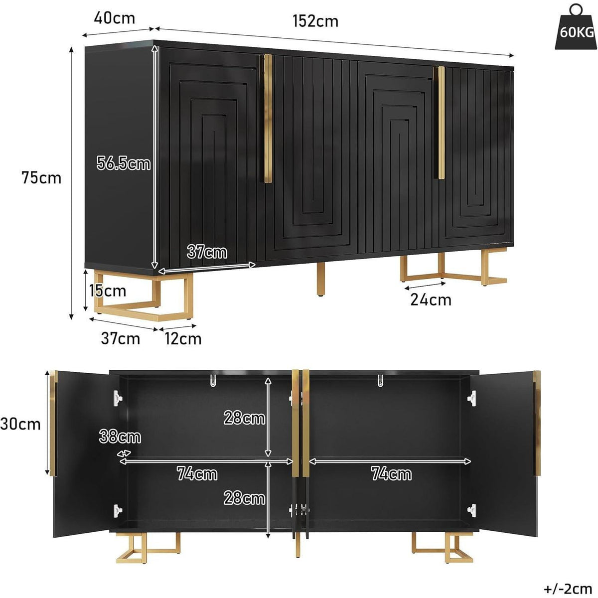 Sideboard Schwarz mit 2 Türen & 4 Fächern – Geometrisches Design