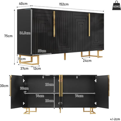 Sideboard Schwarz mit 2 Türen & 4 Fächern – Geometrisches Design