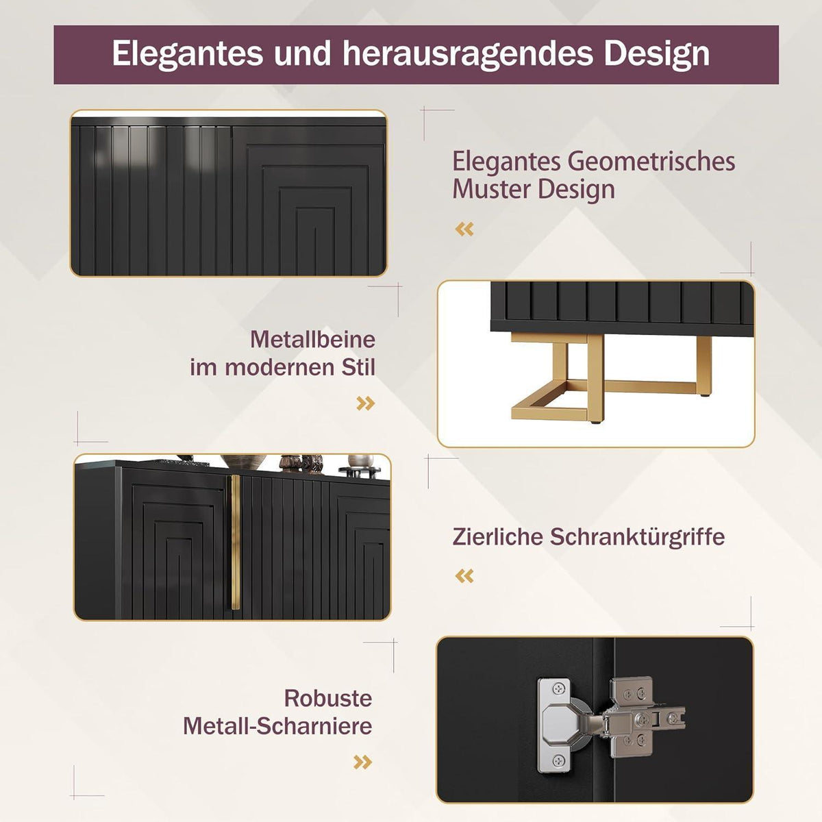 Sideboard Schwarz mit 2 Türen & 4 Fächern – Geometrisches Design