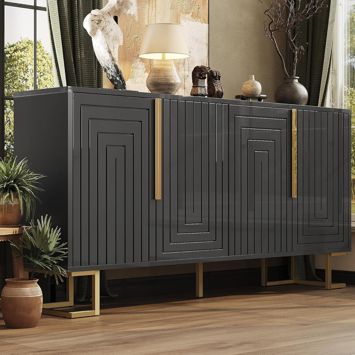 Sideboard Schwarz mit 2 Türen & 4 Fächern – Geometrisches Design