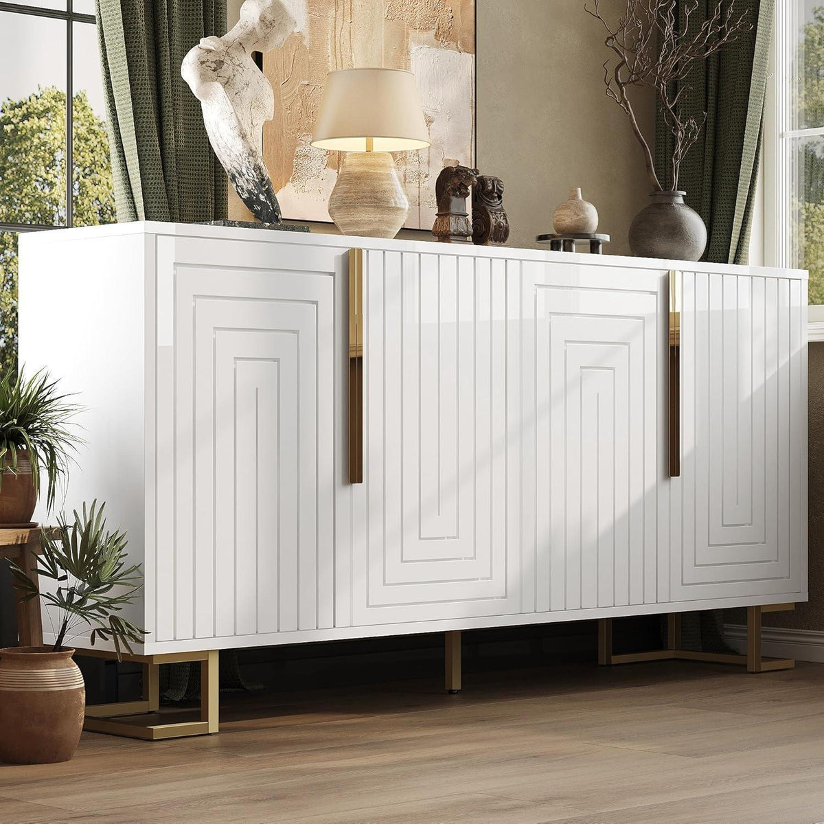 Weißes Sideboard mit 2 Türen & 4 Fächern – Geometrisches Design