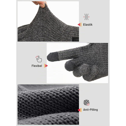 Warme Winterhandschuhe Merino Wolle Touchscreen Grau L