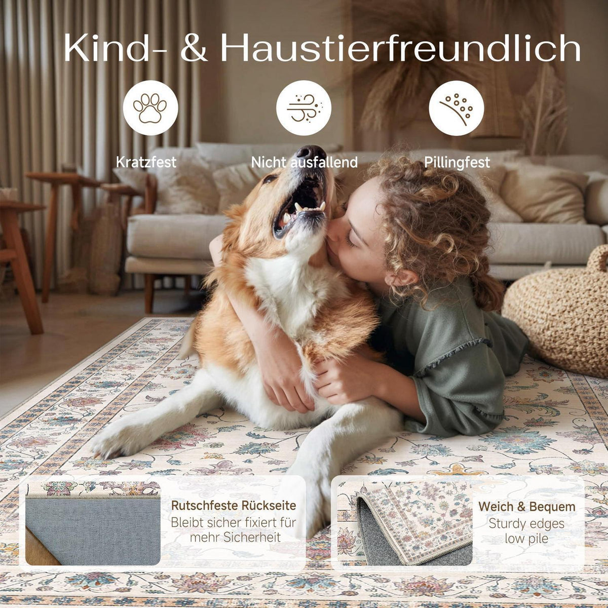 Waschbarer Teppich Wohnzimmer 160x230cm – Vintage Design & Rutschfest