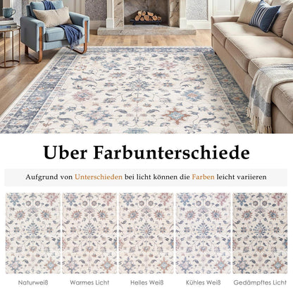 Waschbarer Teppich Blau & Weiß 160x230cm – Vintage Wohnzimmer Teppich