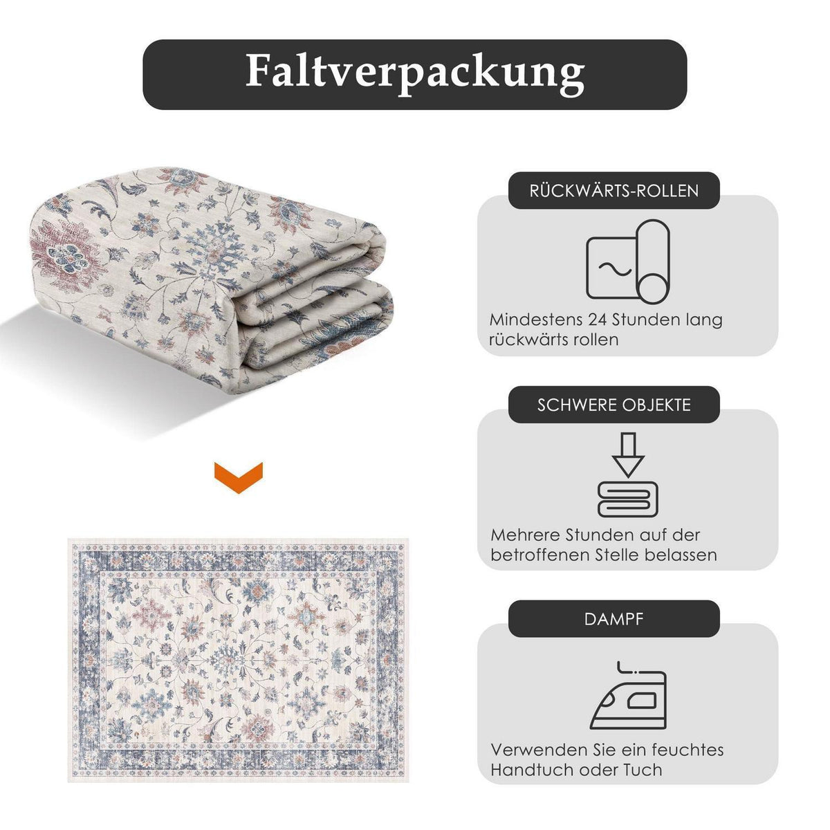 Waschbarer Teppich Blau & Weiß 160x230cm – Vintage Wohnzimmer Teppich