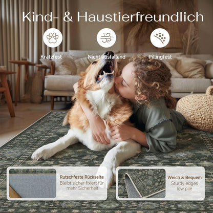 Waschbarer Teppich Grün 200x300cm – Vintage Wohnzimmerteppich