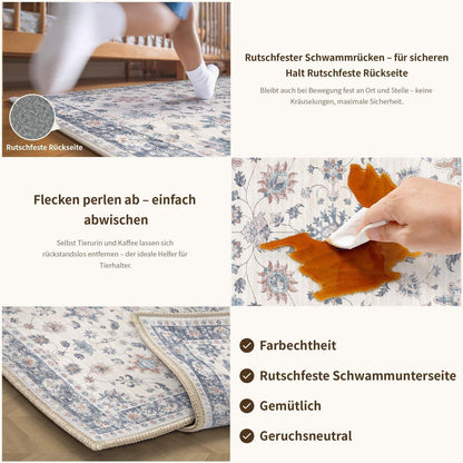 Waschbarer Teppich Blau & Weiß 200x300cm – Vintage Wohnzimmerteppich