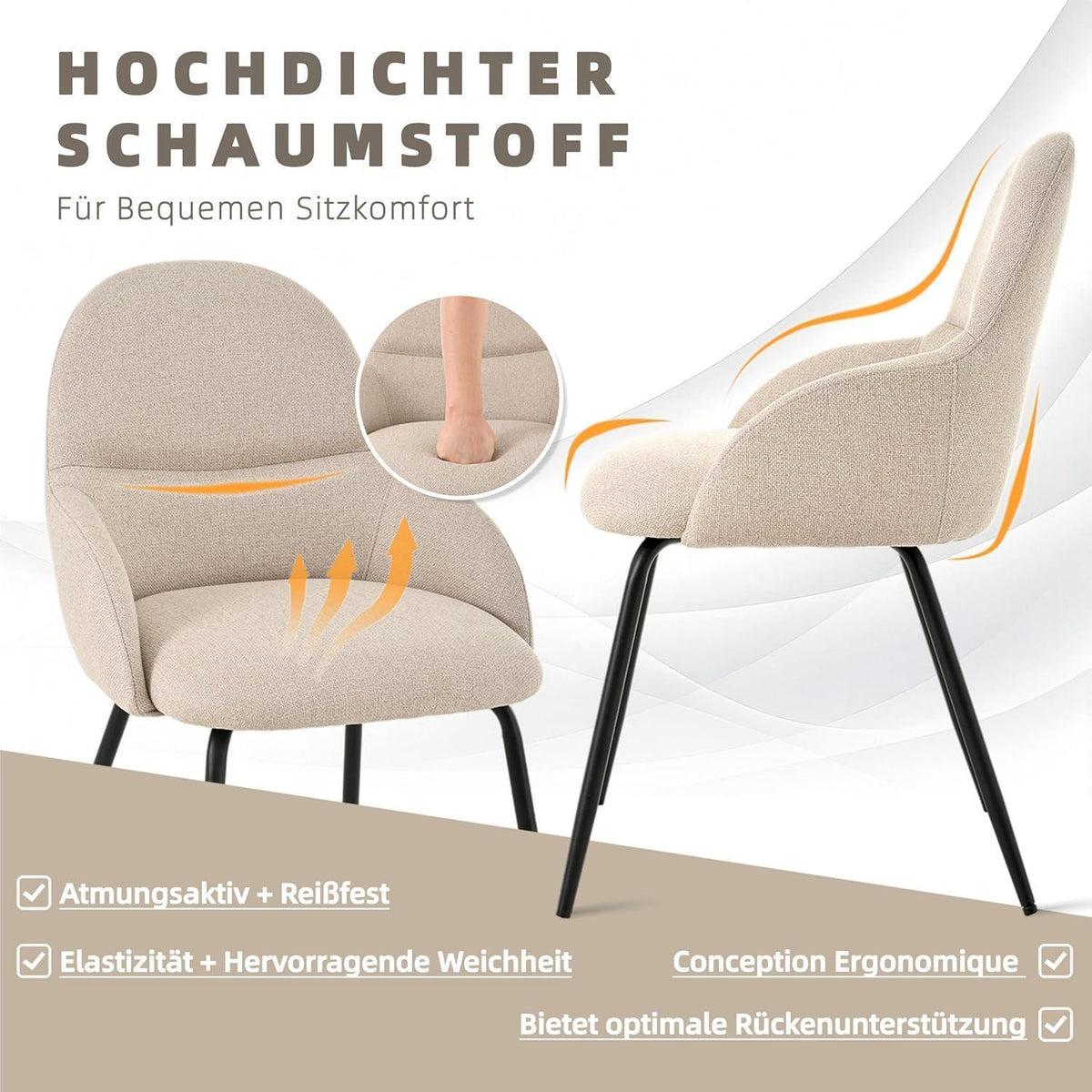 Esszimmerstühle 6er Set mit Armlehne – Beige Leinen & Metall