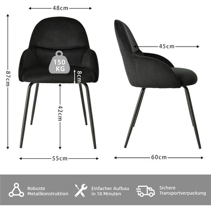 Esszimmerstühle 6er Set mit Armlehne – Schwarz, Samt & Metall