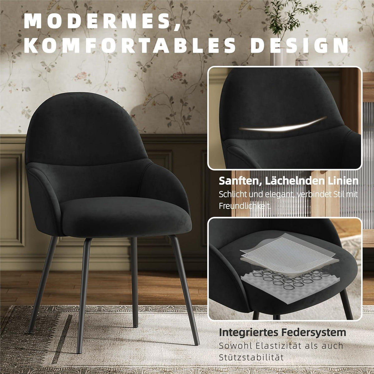 Esszimmerstühle 6er Set mit Armlehne – Schwarz, Samt & Metall