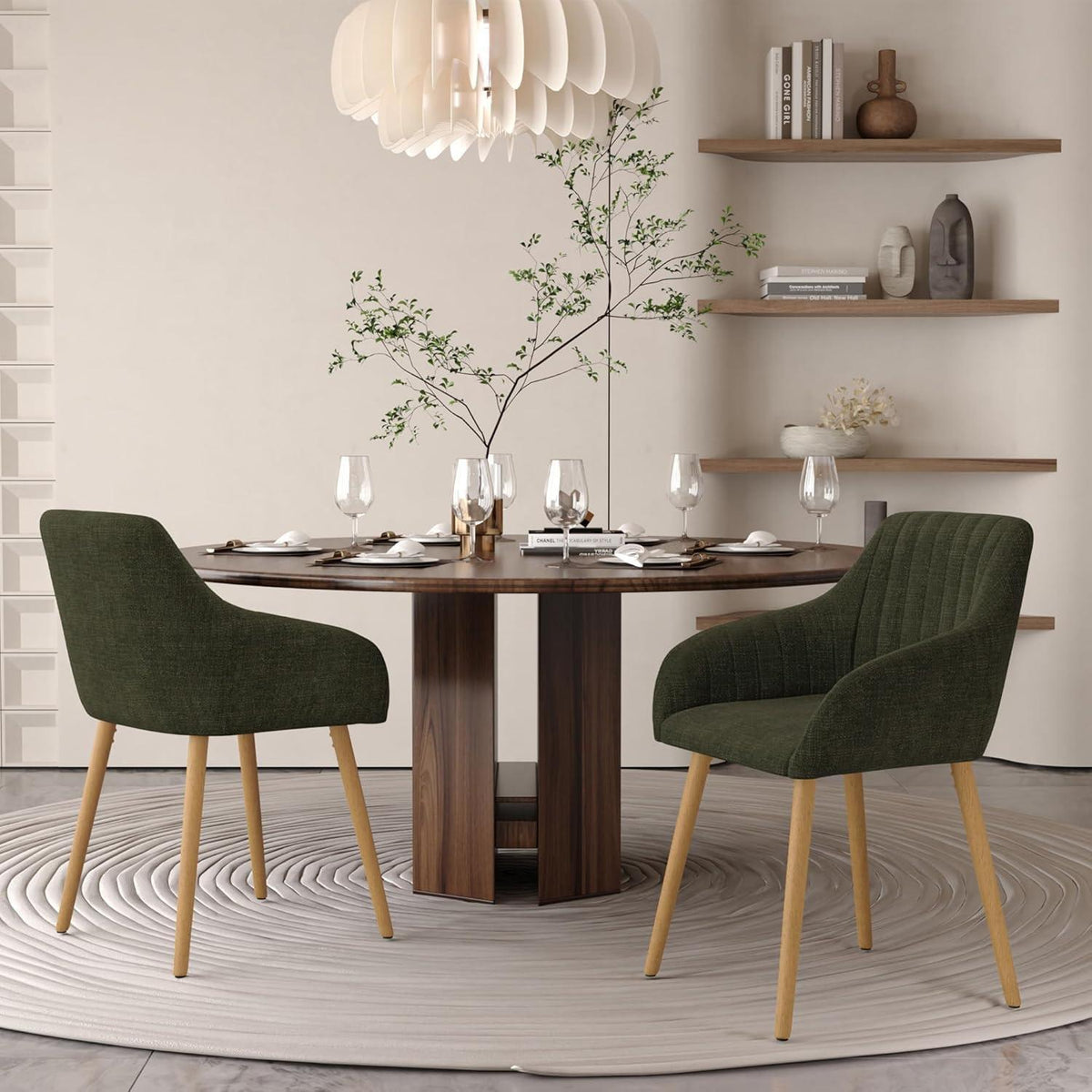 Esszimmerstühle Set 4er Beige Holzbeine mit Armlehne Grün