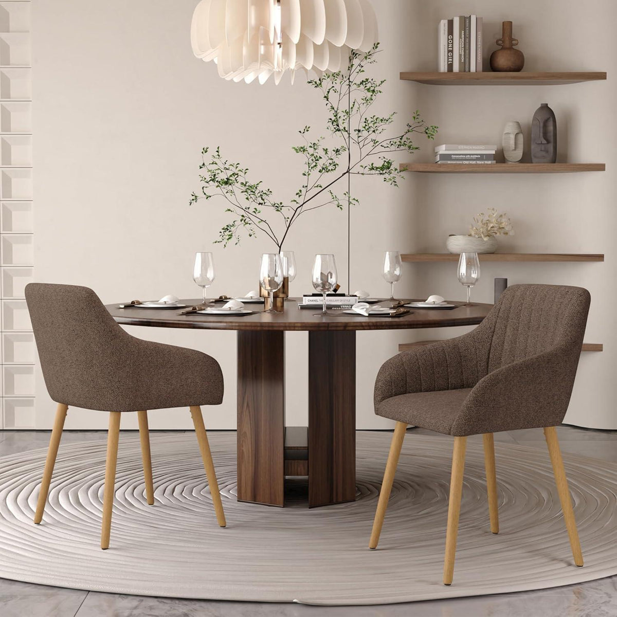 Esszimmerstühle Beige mit Armlehne & Holzbeinen – 6er Set