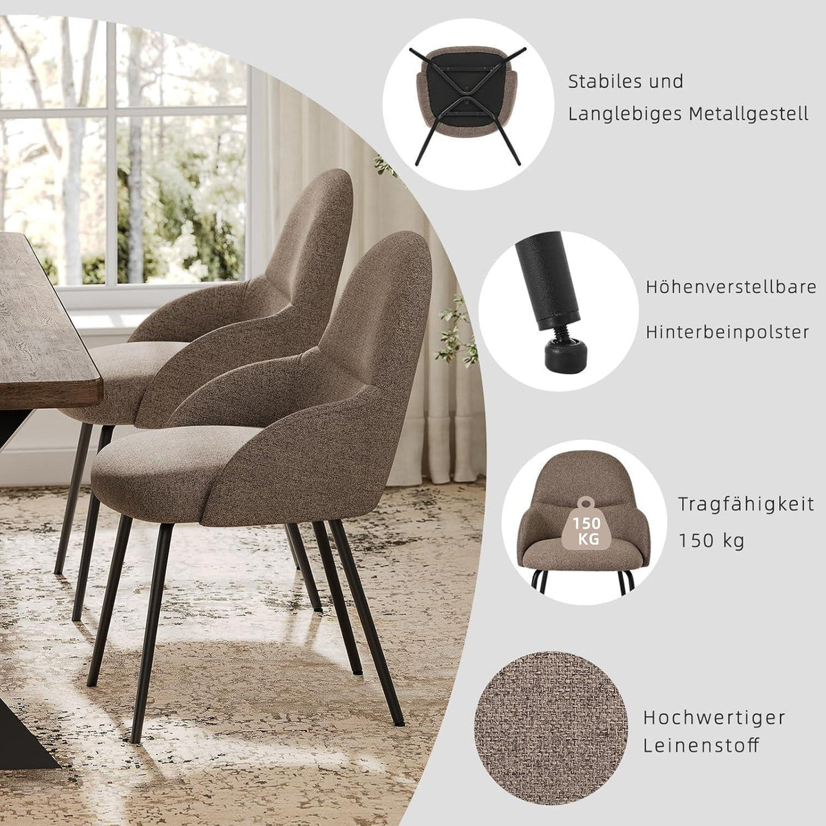 Esszimmerstühle 4er Set mit Armlehne – Braun & Modern