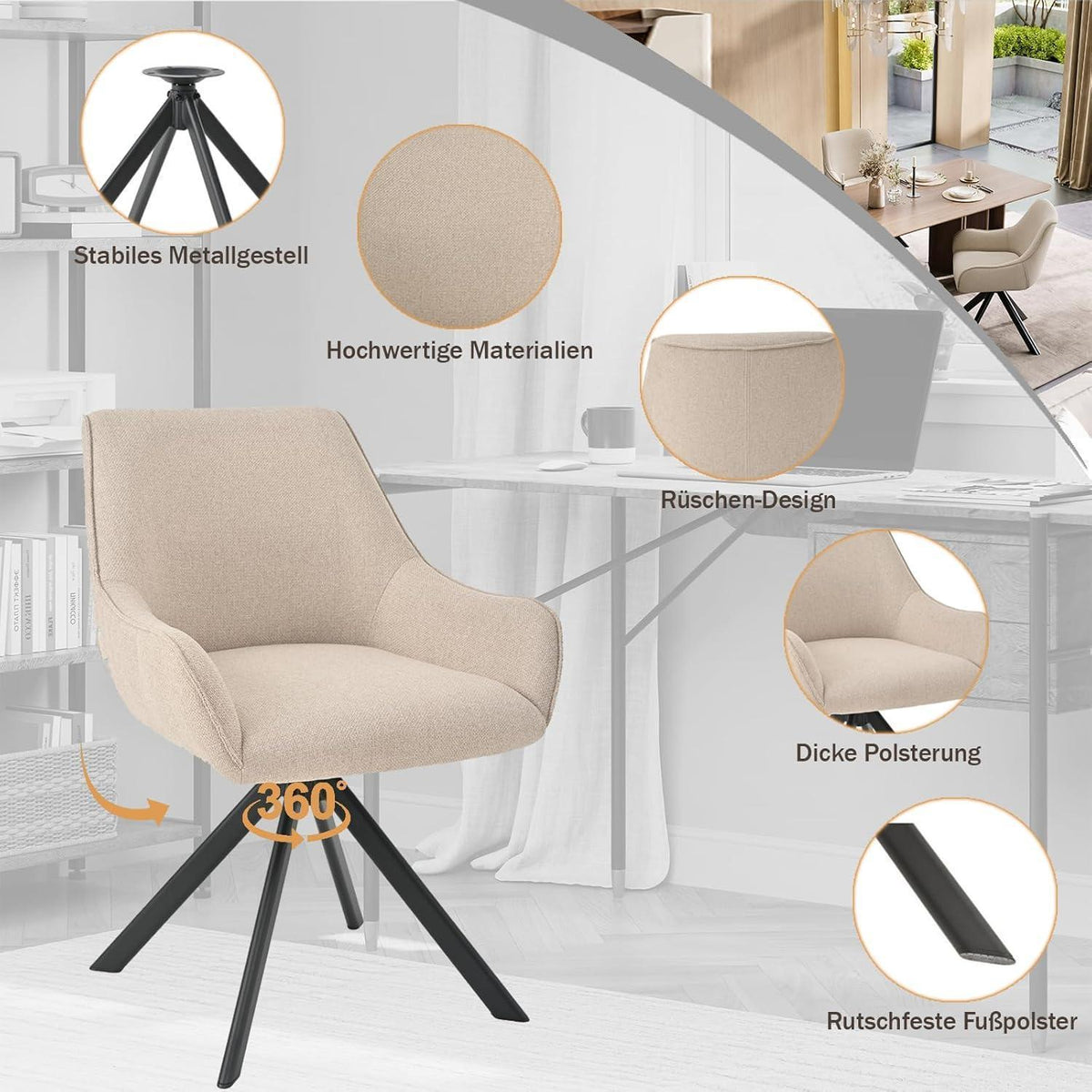 Drehbarer Esszimmerstuhl Set 6er – Beige, Modern & Komfortabel