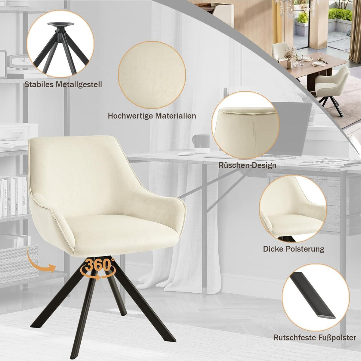 Drehbarer Esszimmerstuhl Set 6er – Samt, Cremeweiß, Modern