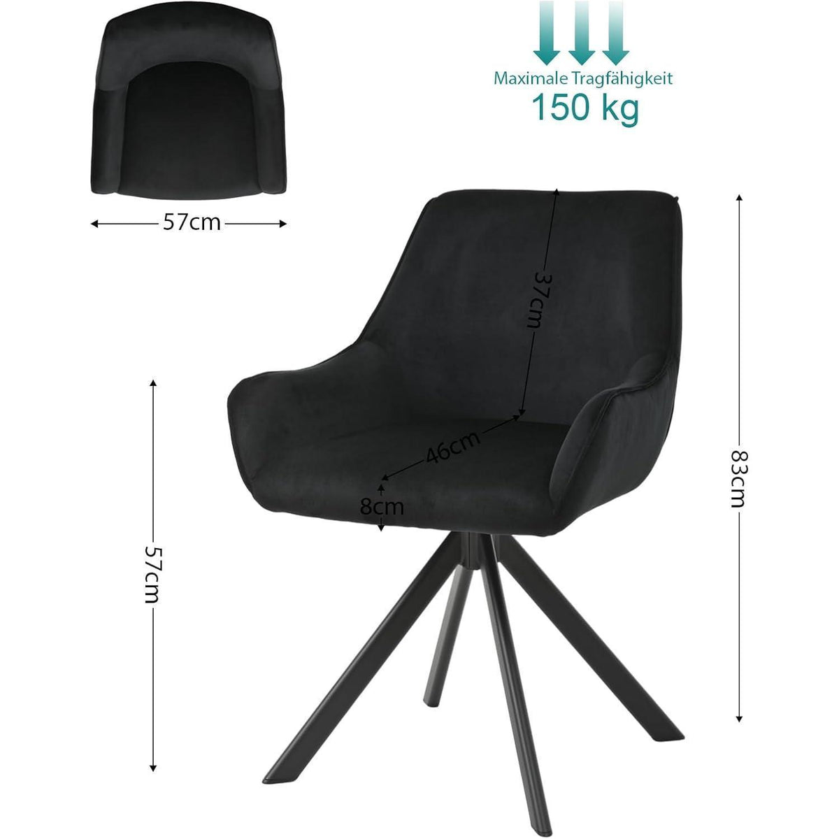 Drehbarer Esszimmerstuhl Set 4er – Samt, Schwarz, Modern