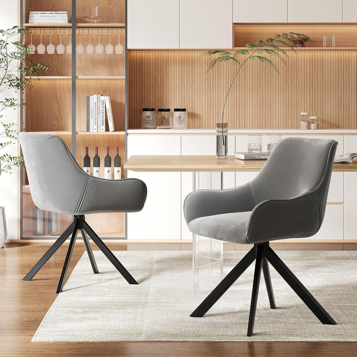 Drehbarer Esszimmerstuhl Set 6er – Samt, Hellgrau, Modern