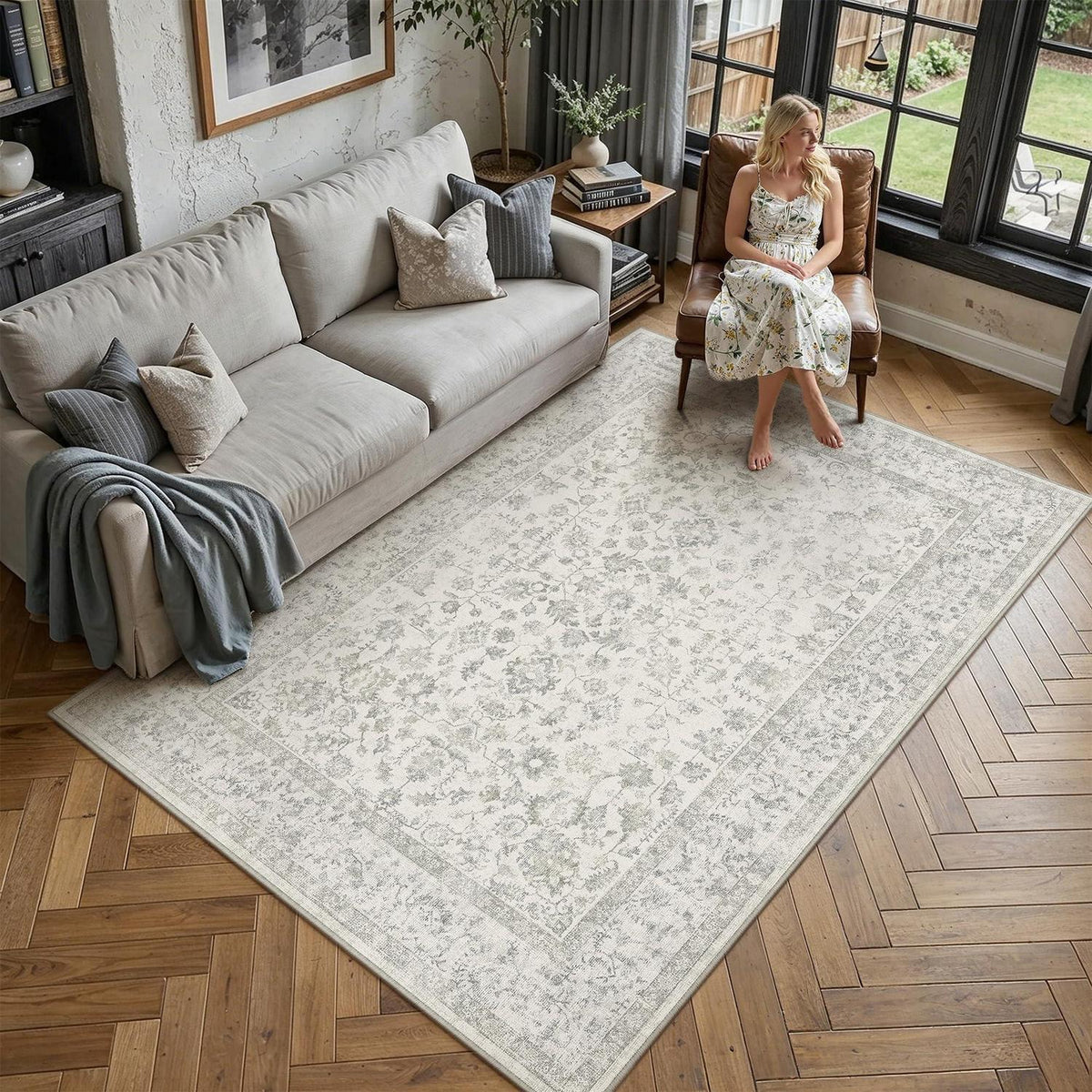 Grauer Vintage Teppich 150x210cm – Wohnzimmerteppich Kurzflor