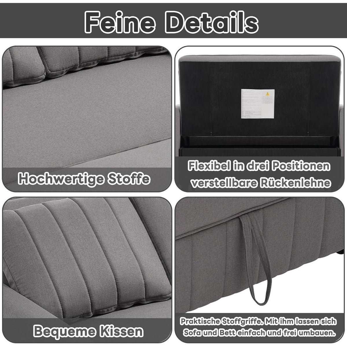Klappsofa mit Schlaffunktion – Grau, 127x75x94cm
