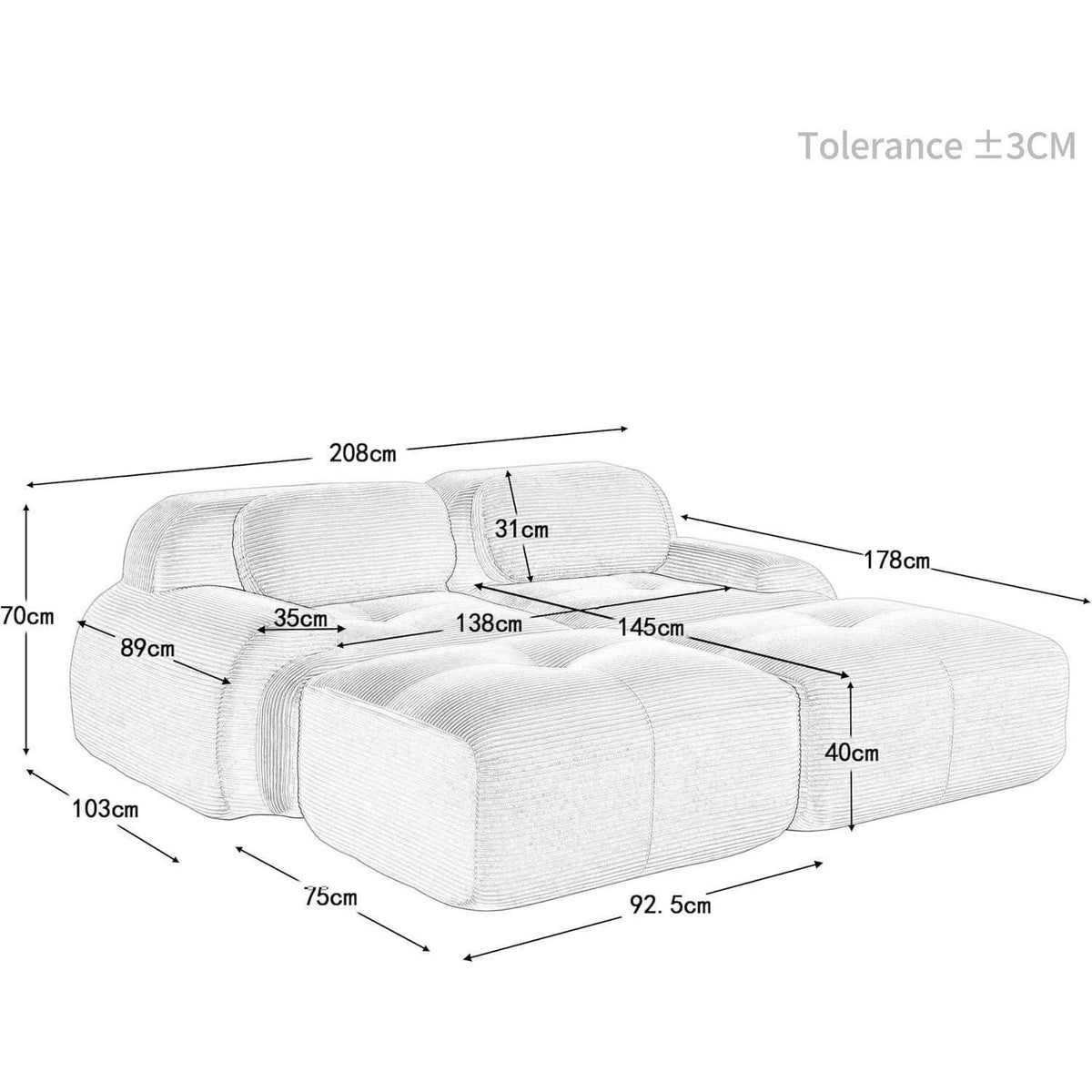 2-4 Sitzer Cord Sofa Grün – Modulares Wohnzimmer Sofa mit Hockern