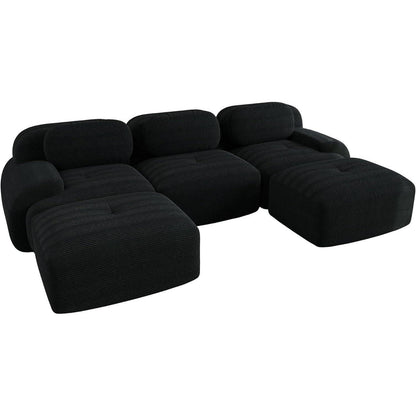 U-förmiges Sofa Cord Stoff Schwarz (3-Sitzer + 2 Hocker)