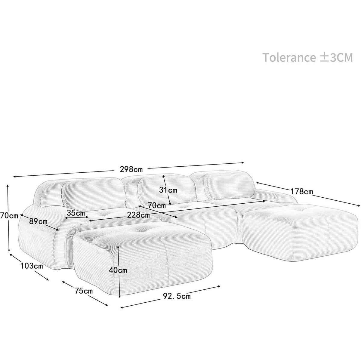 U-förmiges Cord Sofa Beige (3-Sitzer + 2 Hocker)