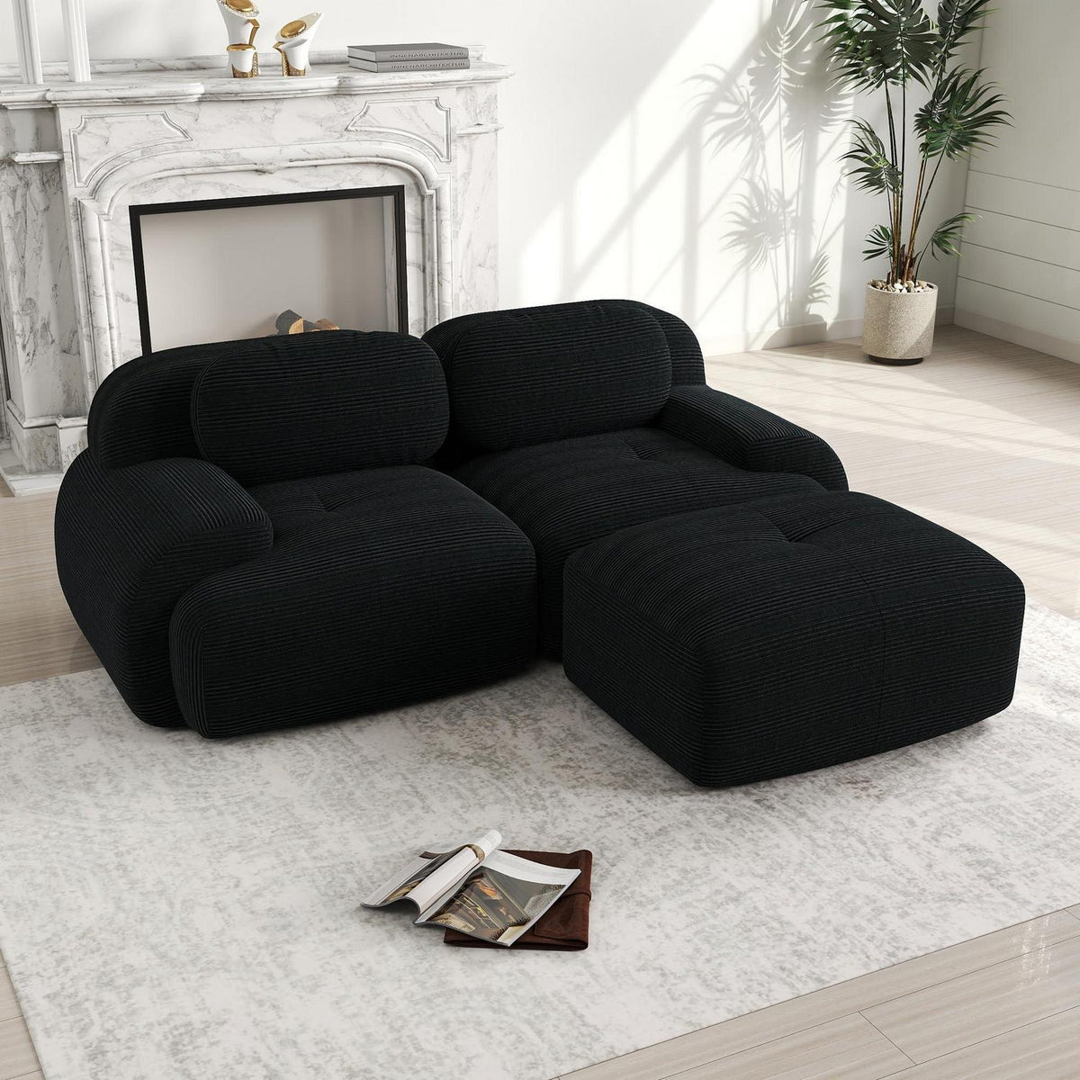 Modulares 2-3 Sitzer Cord Sofa Schwarz mit Hocker