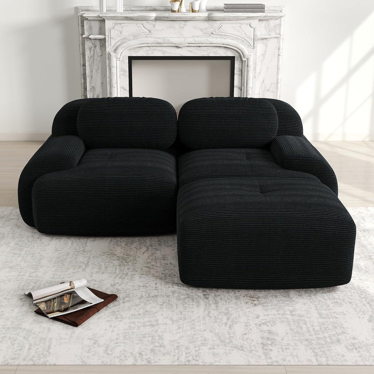 Modulares 2-3 Sitzer Cord Sofa Schwarz mit Hocker