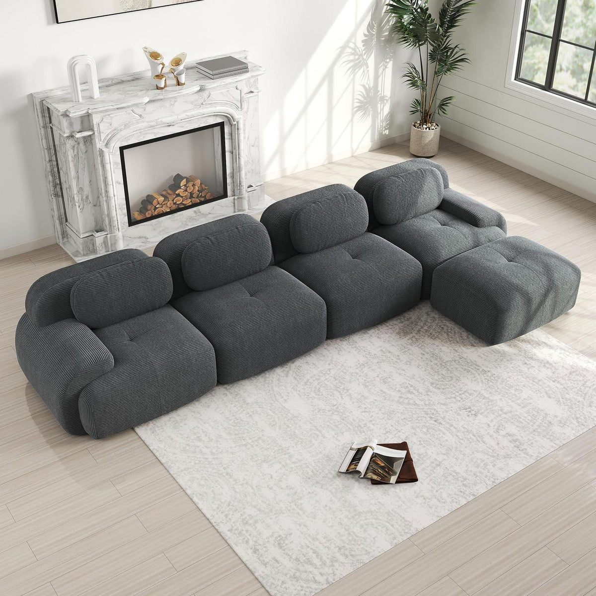L-förmiges Sofa mit Cordstoff – Grau, 4-Sitzer + Hocker