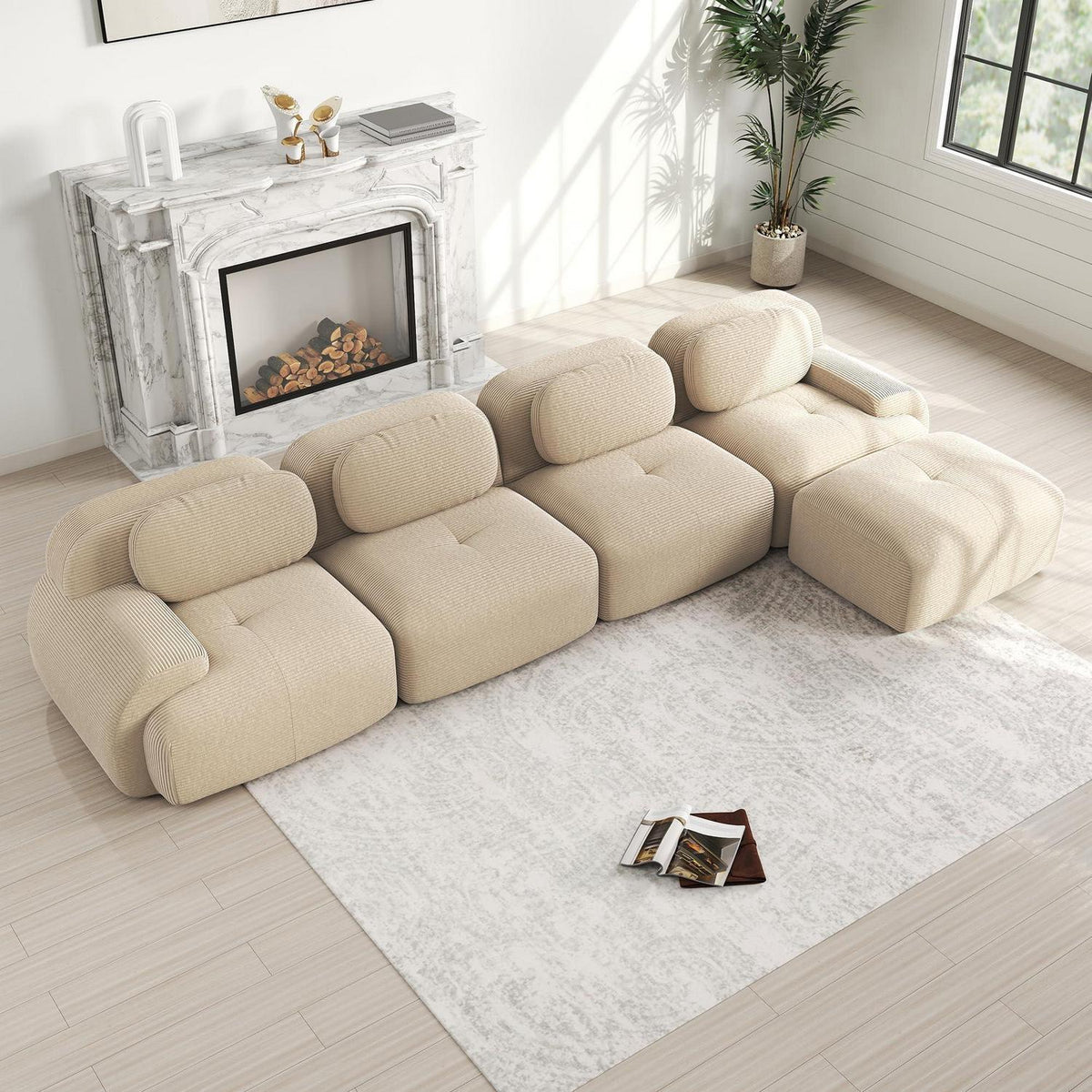 L-förmiges Cord Sofa (4-Sitzer + Hocker) Beige – Modulares Wohnzimmer Sofa