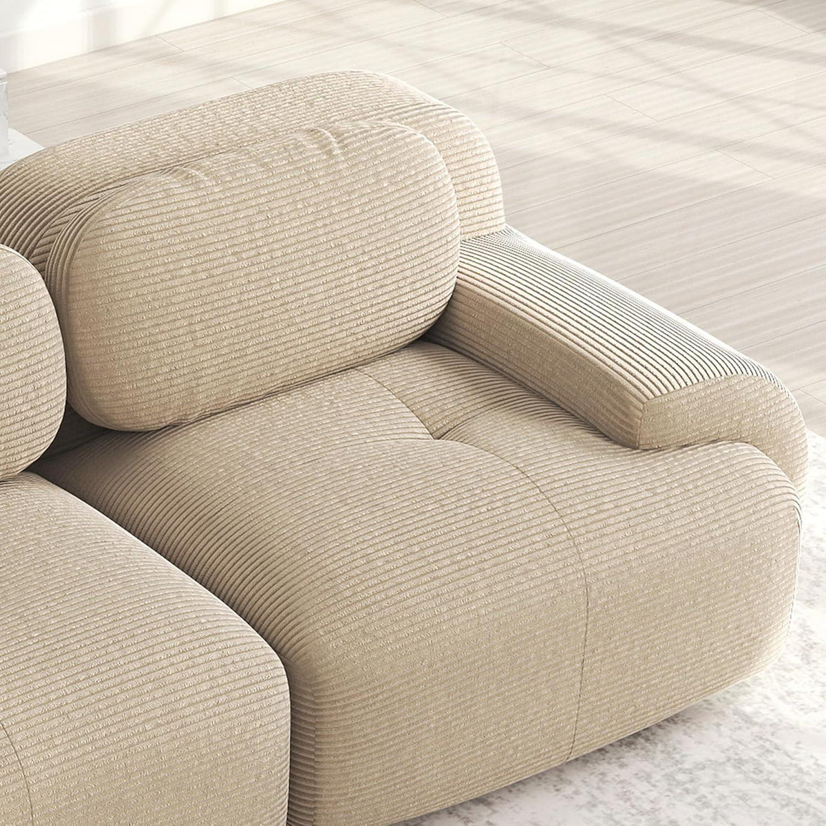 L-förmiges Cord Sofa (4-Sitzer + Hocker) Beige – Modulares Wohnzimmer Sofa
