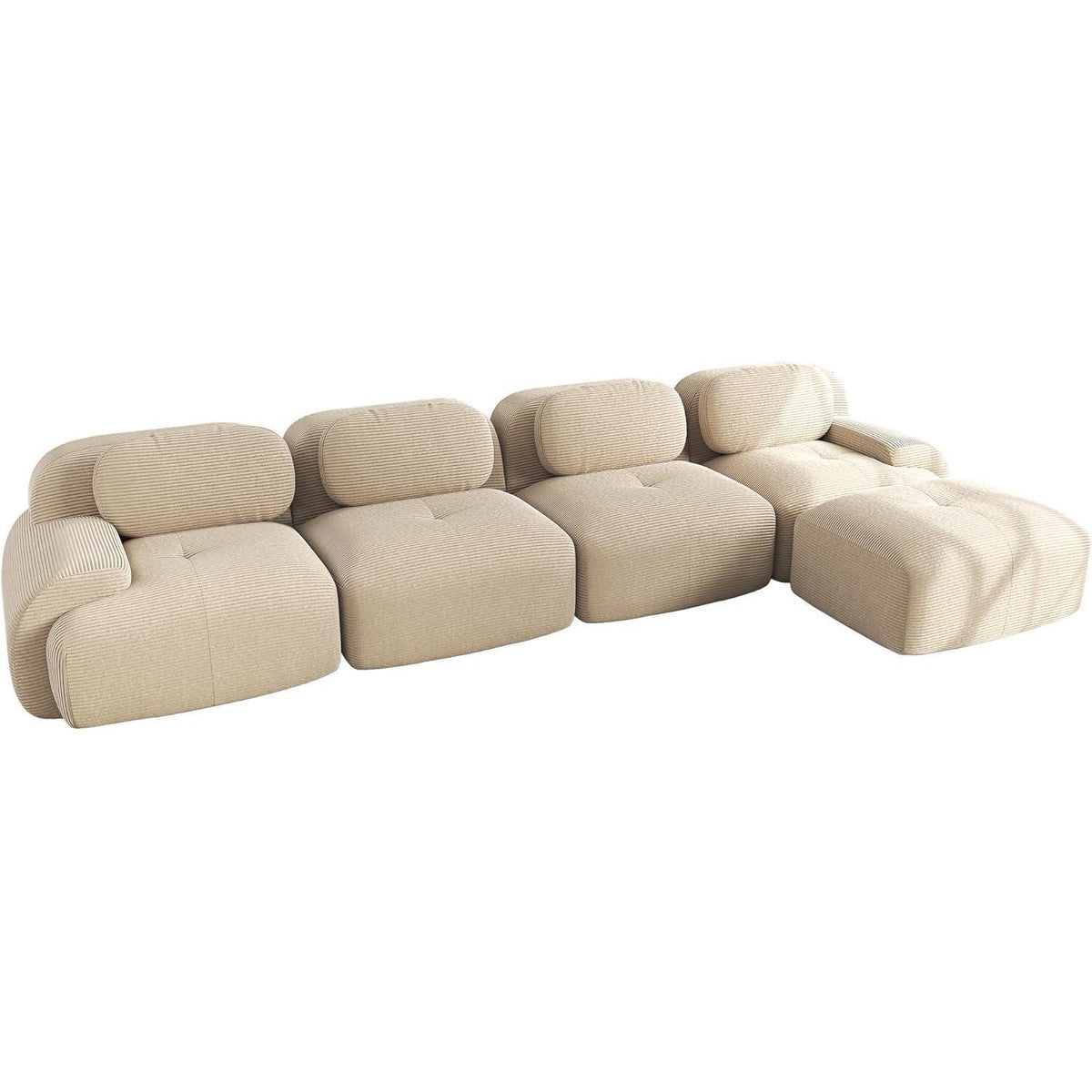 L-förmiges Cord Sofa (4-Sitzer + Hocker) Beige – Modulares Wohnzimmer Sofa