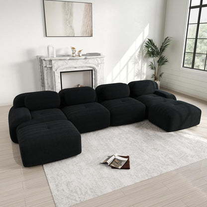 U-förmiges Cord Sofa (4-Sitzer + 2 Hocker) Schwarz