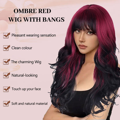 Lange Ombre Rot Locken Perücke Damen, Hitzebeständig & Natürlich