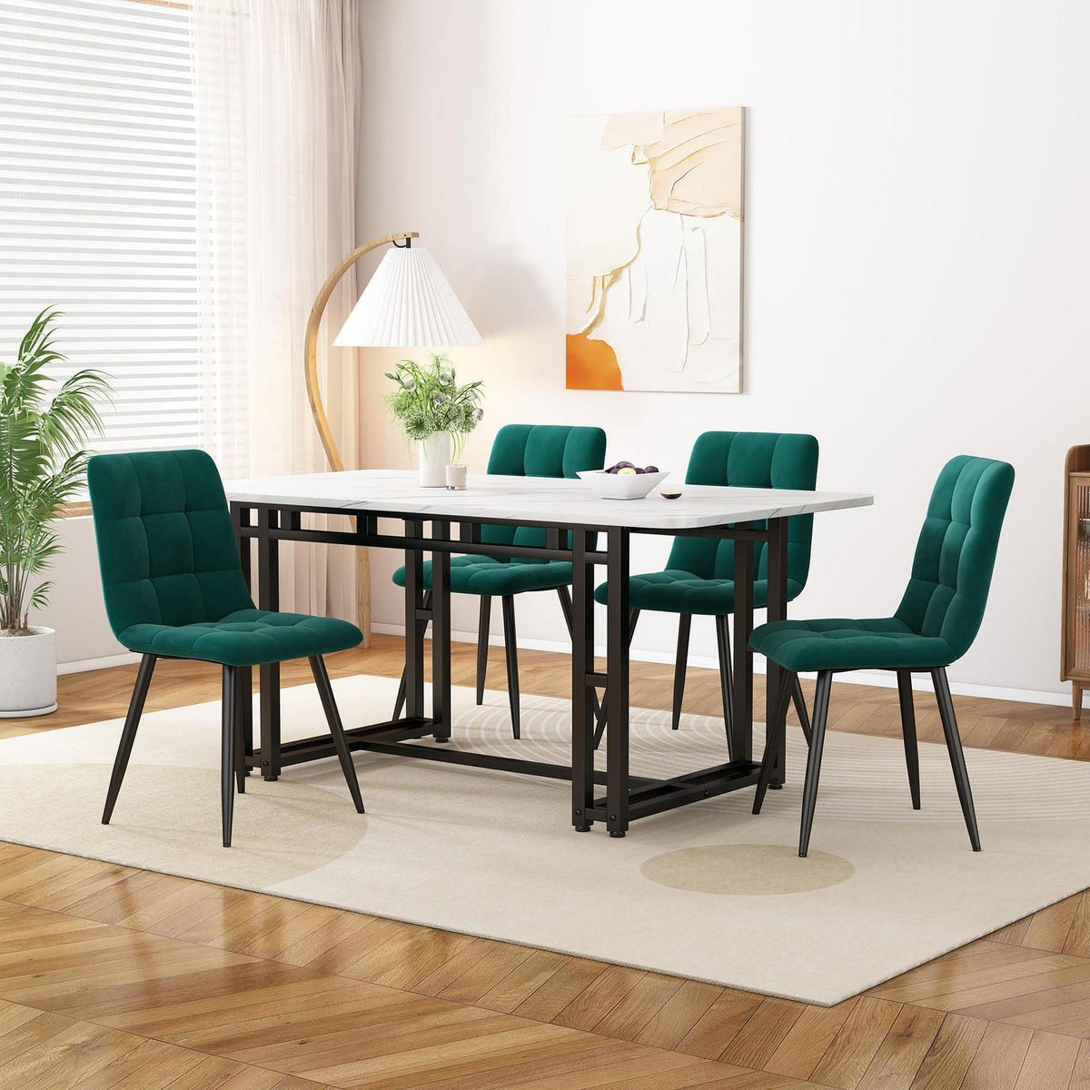 Modernes Esstisch Set mit 4 Samtstühlen (Grün & Schwarz)