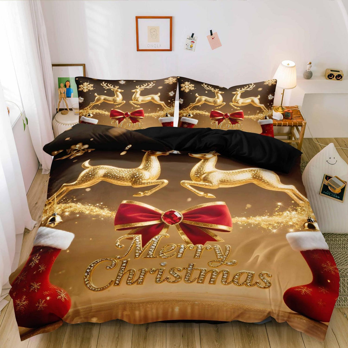 Weihnachts Bettwäsche Set 135x200cm - Rot Gold Wintermotiv