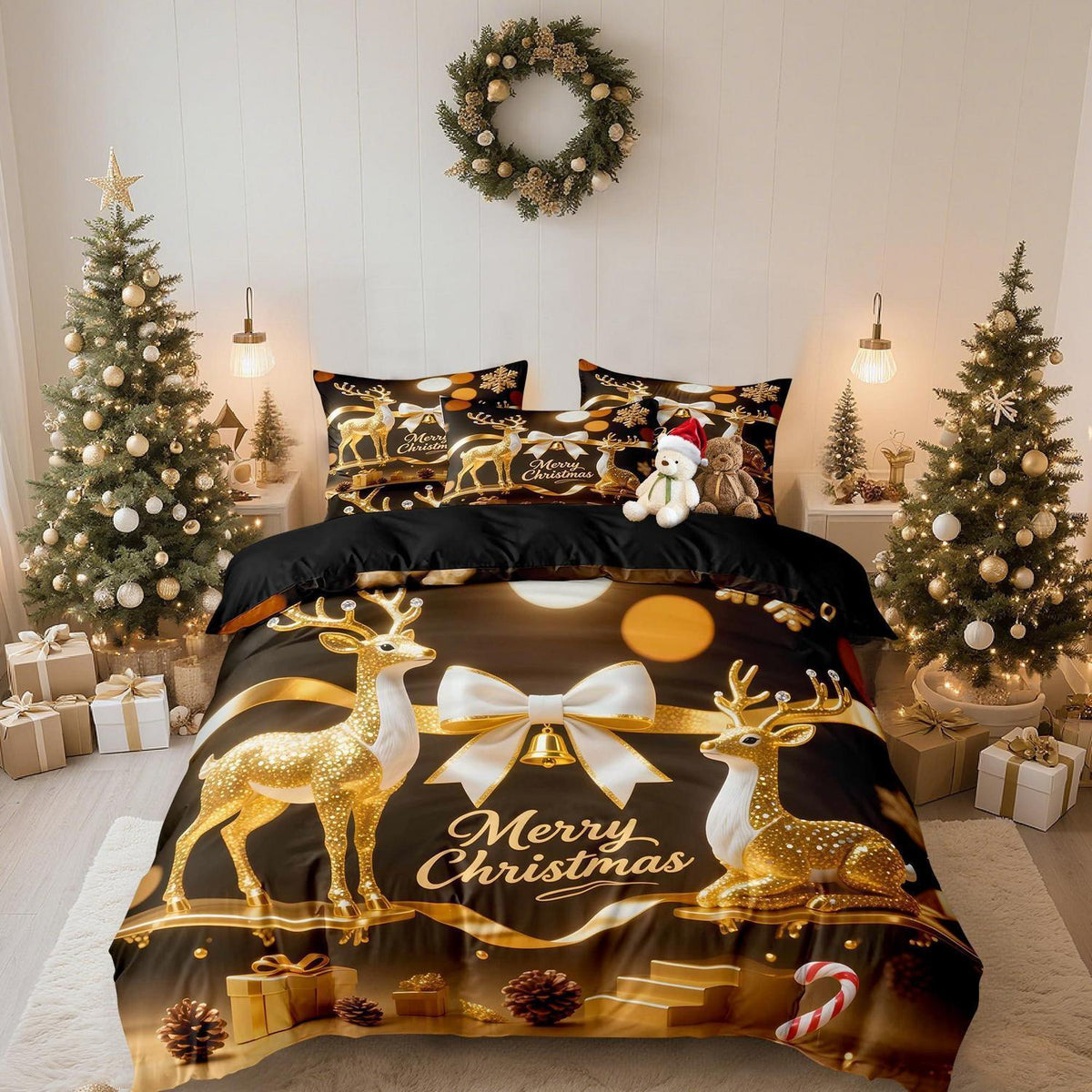 Weihnachts Bettwäsche Set 135x200cm - 4-teilig, Gold & Schwarz