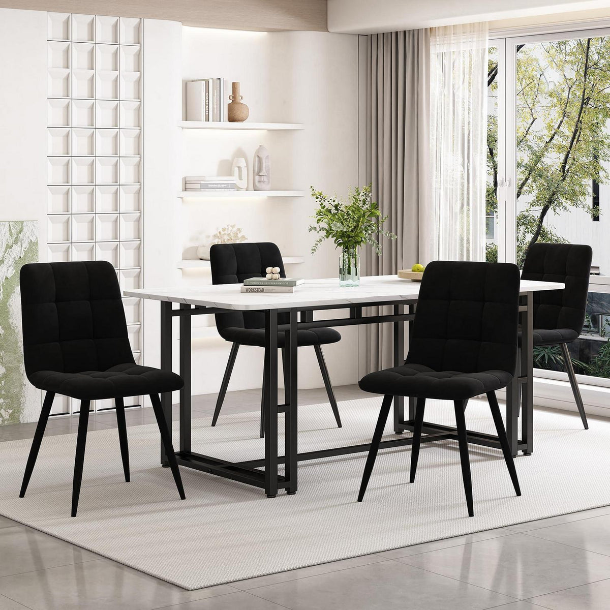 Moderner Esstisch Set Schwarz mit 4 Samtstühlen 140x80cm