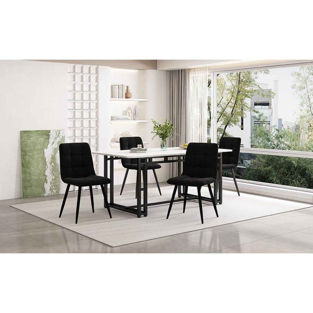 Moderner Esstisch Set Schwarz mit 4 Samtstühlen 140x80cm