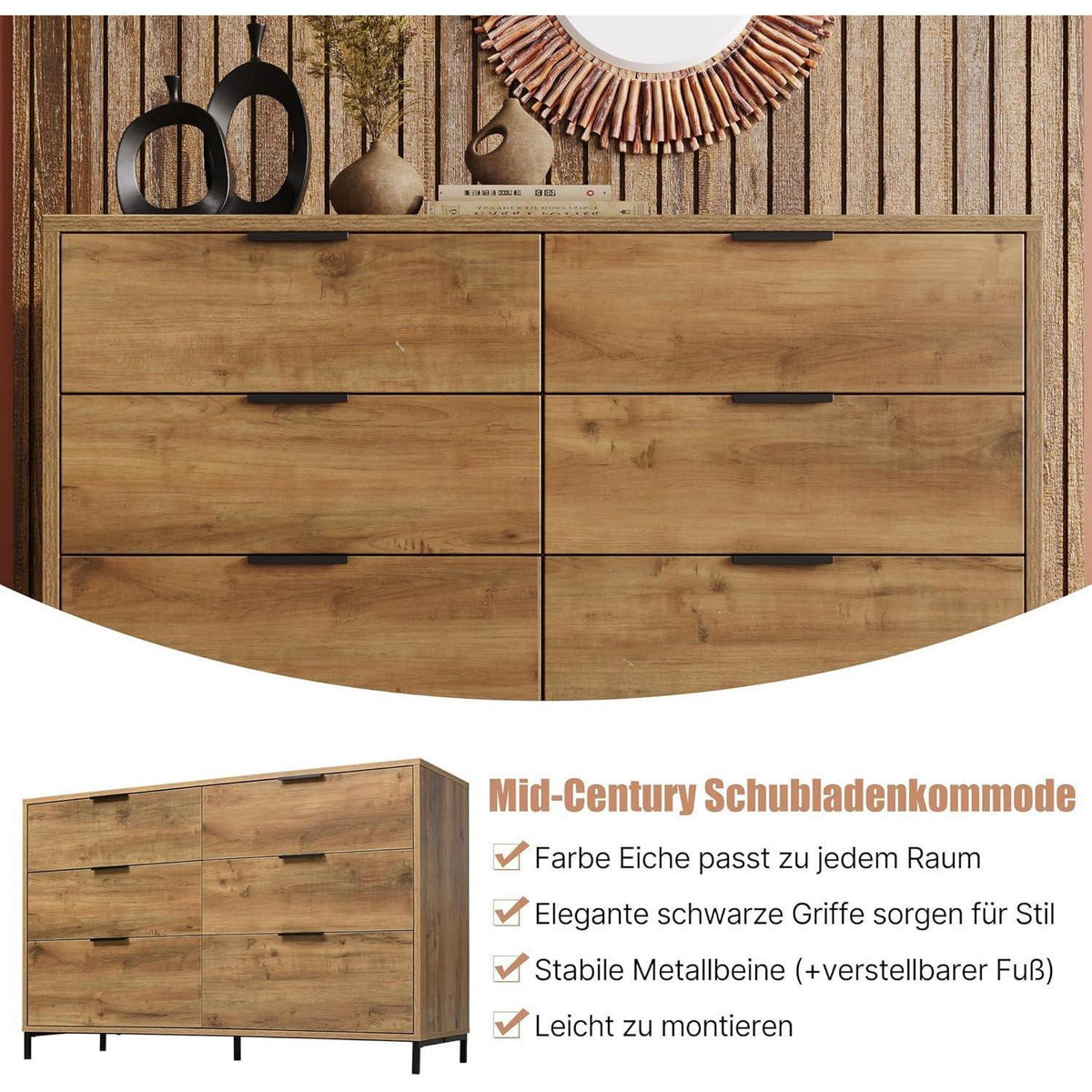 Sideboard Holz mit 6 Schubladen – Kommode für Schlafzimmer & Wohnzimmer