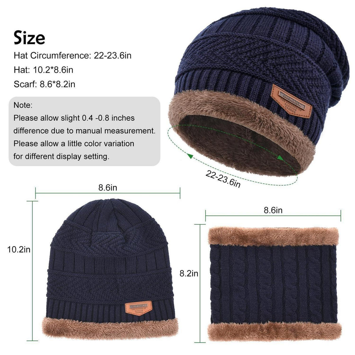 3-teiliges Winterset: Mütze, Schal & Handschuhe mit Fleecefutter
