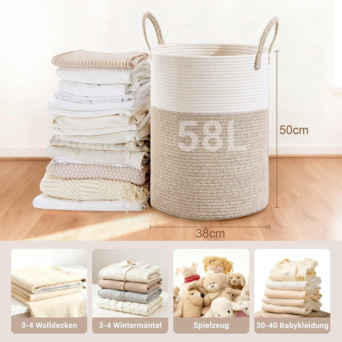Geflochtener Wäschekorb 58L – Braun & Weiß mit Baumwollhenkeln