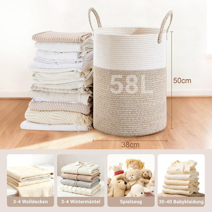 Geflochtener Wäschekorb 58L – Braun & Weiß mit Baumwollhenkeln