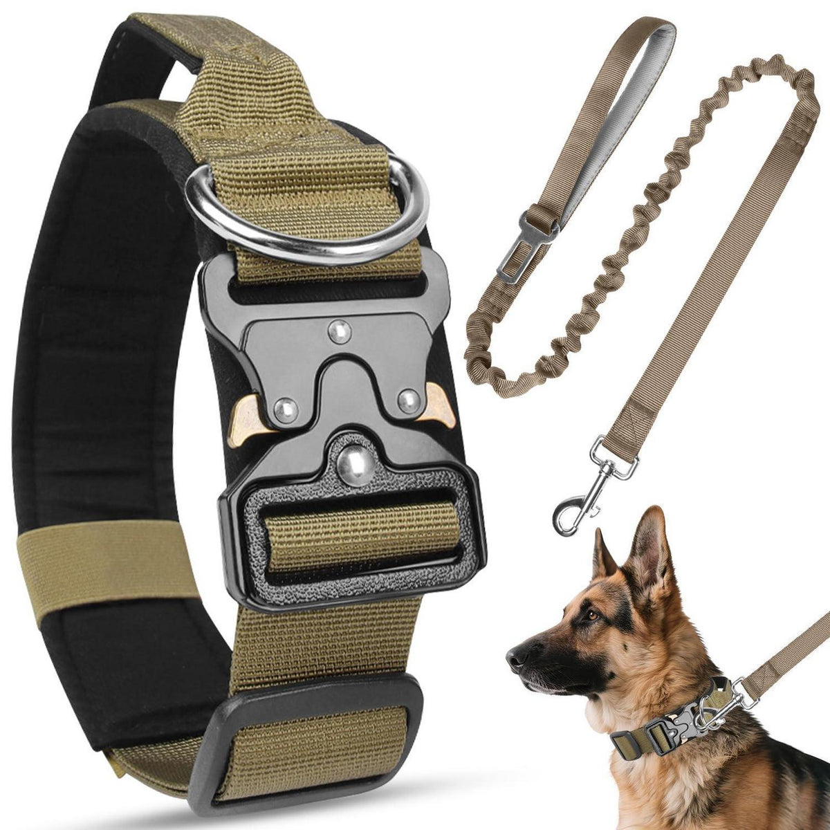 Taktisches Hundehalsband mit Leine – Robust & Verstellbar (Khaki, L)