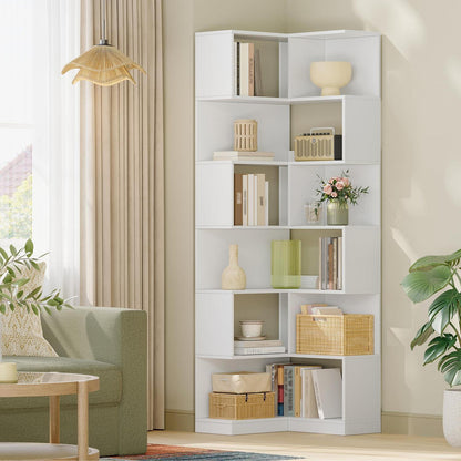 7-Stöckiges Eckregal Weiß – L-förmiges Bücherregal für Wohnzimmer